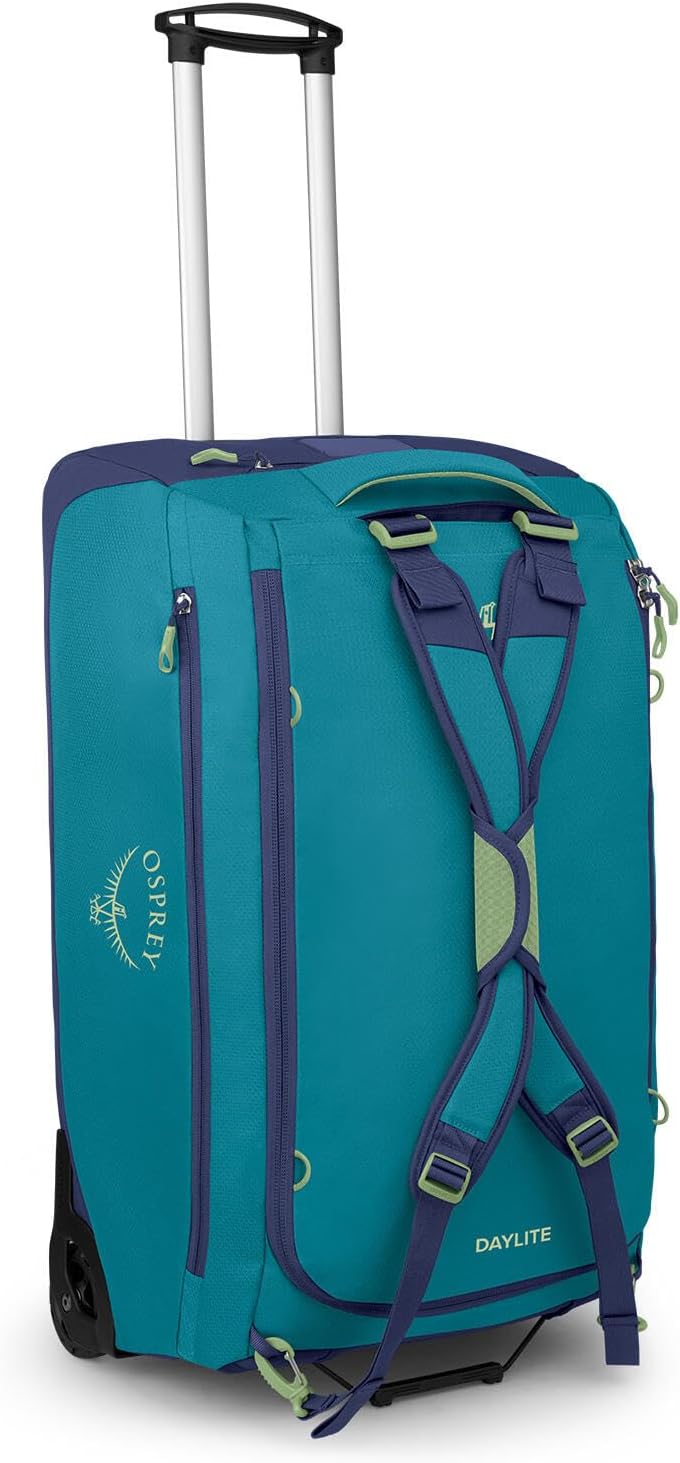Osprey Daylite 85L Wheeled Collapsible Travel Duffel Bag - Lightweight Rolling Suitcase, Blue Spikemoss/Alkaline