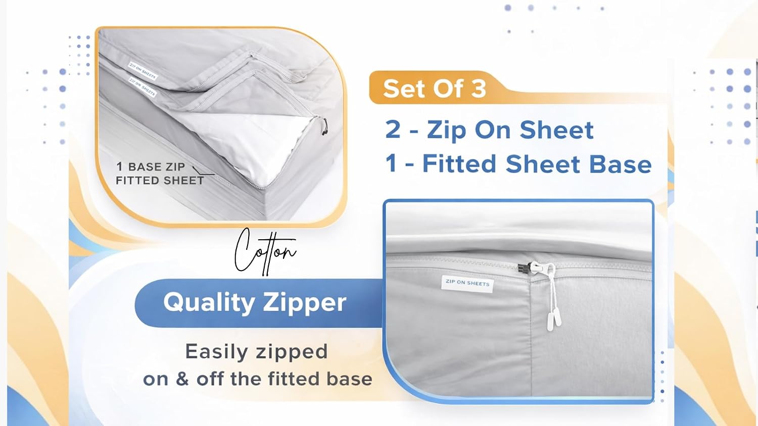 Zipper Fitted Sheet - Includes 1 Fitted Sheet Base & 2 Zip-On Sheets - Upto 16' in. Deep Pockets Cal King Size Zipper Fitted Sheet - Easy to Change, Sateen Cotton 600 TC Fitted Sheet - Aqua Blue