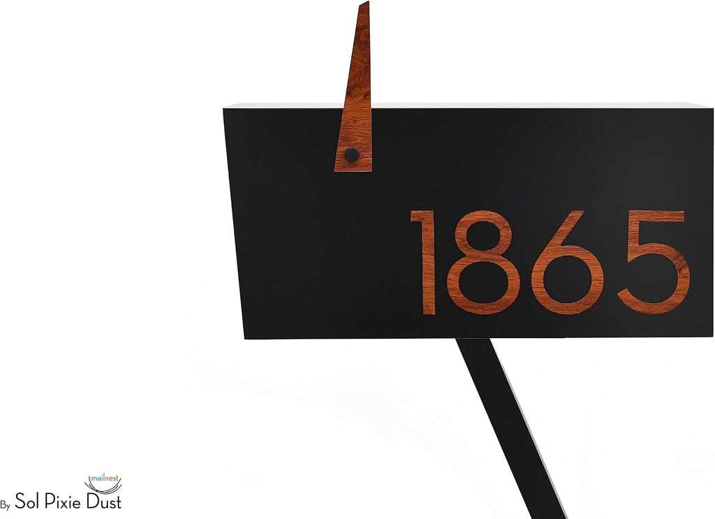 Contemporary Post-Mount Mailbox - Aluminum Black Body with Aluminum Door, Numbers and Flag - Large Customized Mailbox - Type 4 (Red Oak Wood)