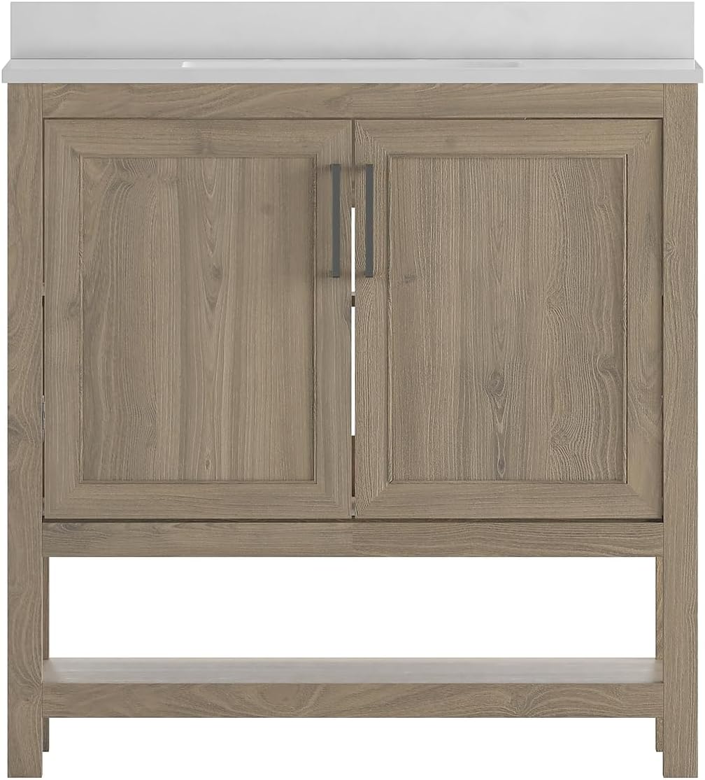 Flash Furniture Vega 36 Inch Bathroom Vanity with Sink Combo, Storage Cabinet with Soft Close Doors and Open Shelf, Carrara Marble Finish Countertop, Brown/White