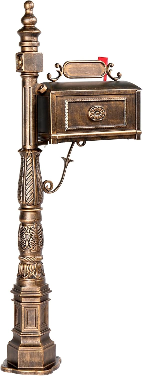 Large Metal Mailbox with Post for Outside Combo, Side Mount with Stand Outgoing Signal Flag & Address Plaque Heavy Duty Cast Aluminum Antique Bronze Vintange Mail Box Sturdy Base 22.4' x 9' x 62.6'H