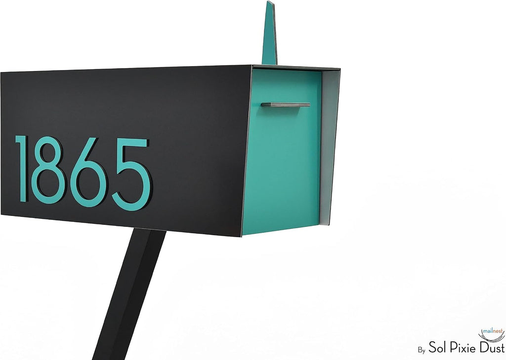 Contemporary Post-Mount Mailbox - Aluminum Black Body with Aluminum Door, Numbers and Flag - Large Customized Mailbox - Type 4 (Ocean Green)