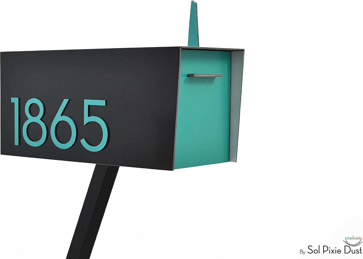 Contemporary Post-Mount Mailbox - Aluminum Black Body with Aluminum Door, Numbers and Flag - Large Customized Mailbox - Type 4 (Ocean Green)