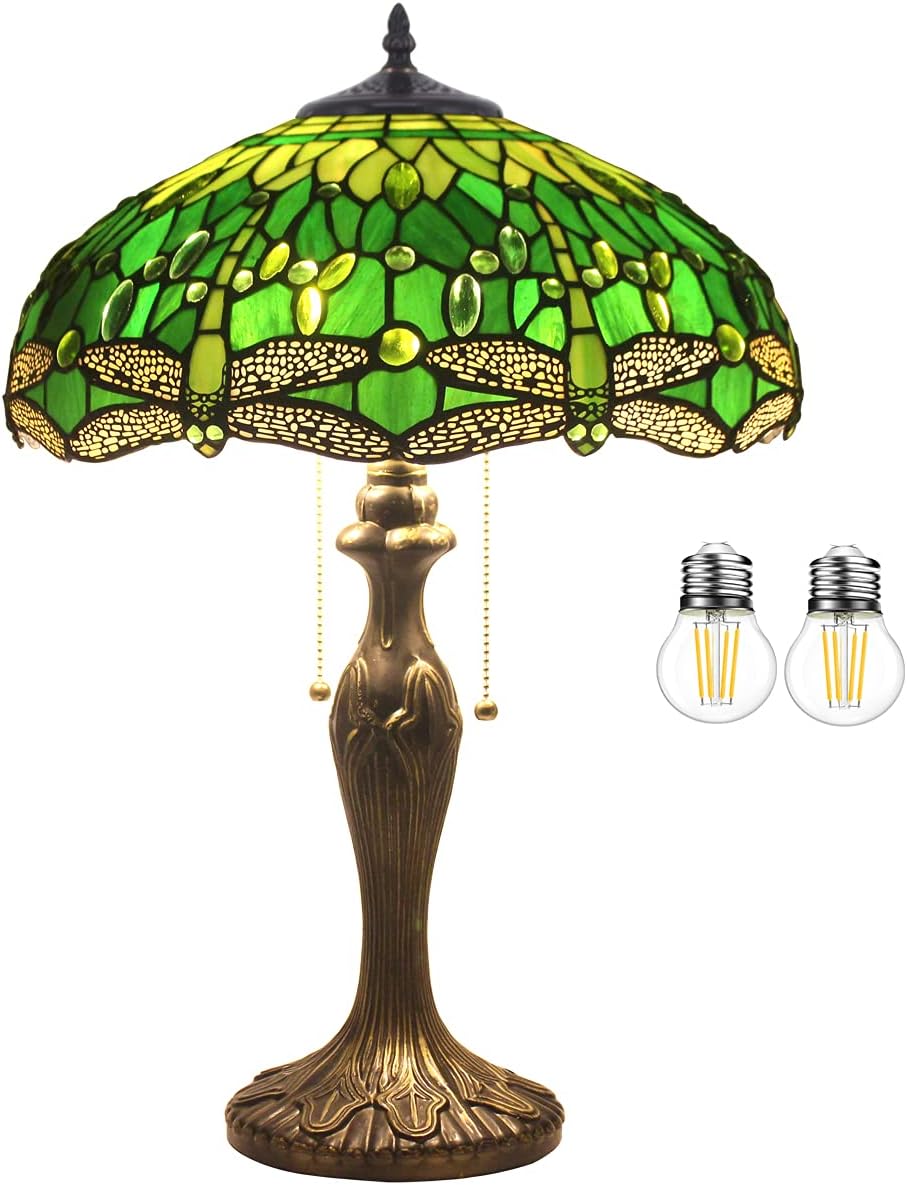 WERFACTORY Tiffany Style Table Lamp Green Stained Glass Dragonfly Bedside Lamp 16X16X24 Inch Desk Reading Light Metal Base Decor Bedroom Living Room Home Office S459 Series