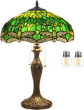 WERFACTORY Tiffany Style Table Lamp Green Stained Glass Dragonfly Bedside Lamp 16X16X24 Inch Desk Reading Light Metal Base Decor Bedroom Living Room Home Office S459 Series