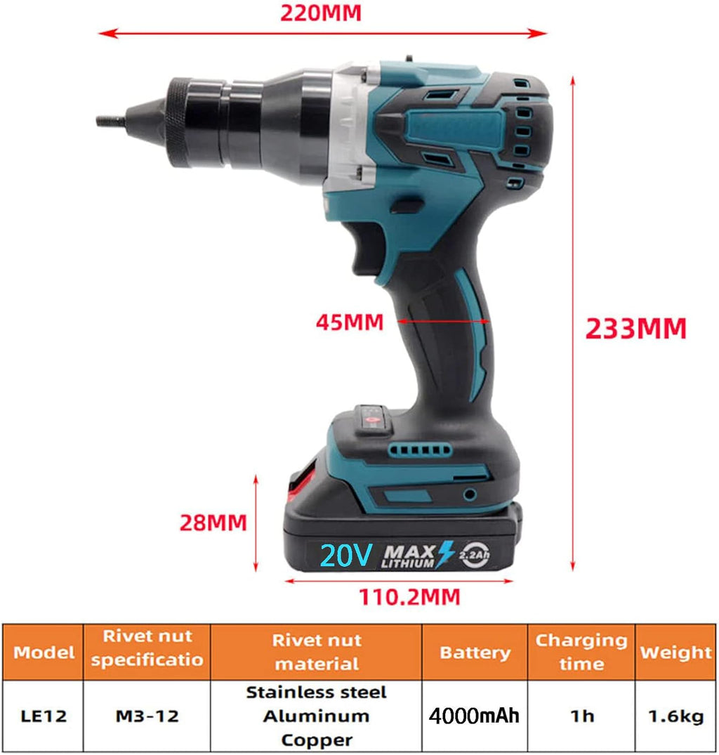 Electric Rivet Gun Adapter Riveter Insert Tool with 2* Battery,4000Mah Cordless Rechargeable Electric Blind Riveter Gun
