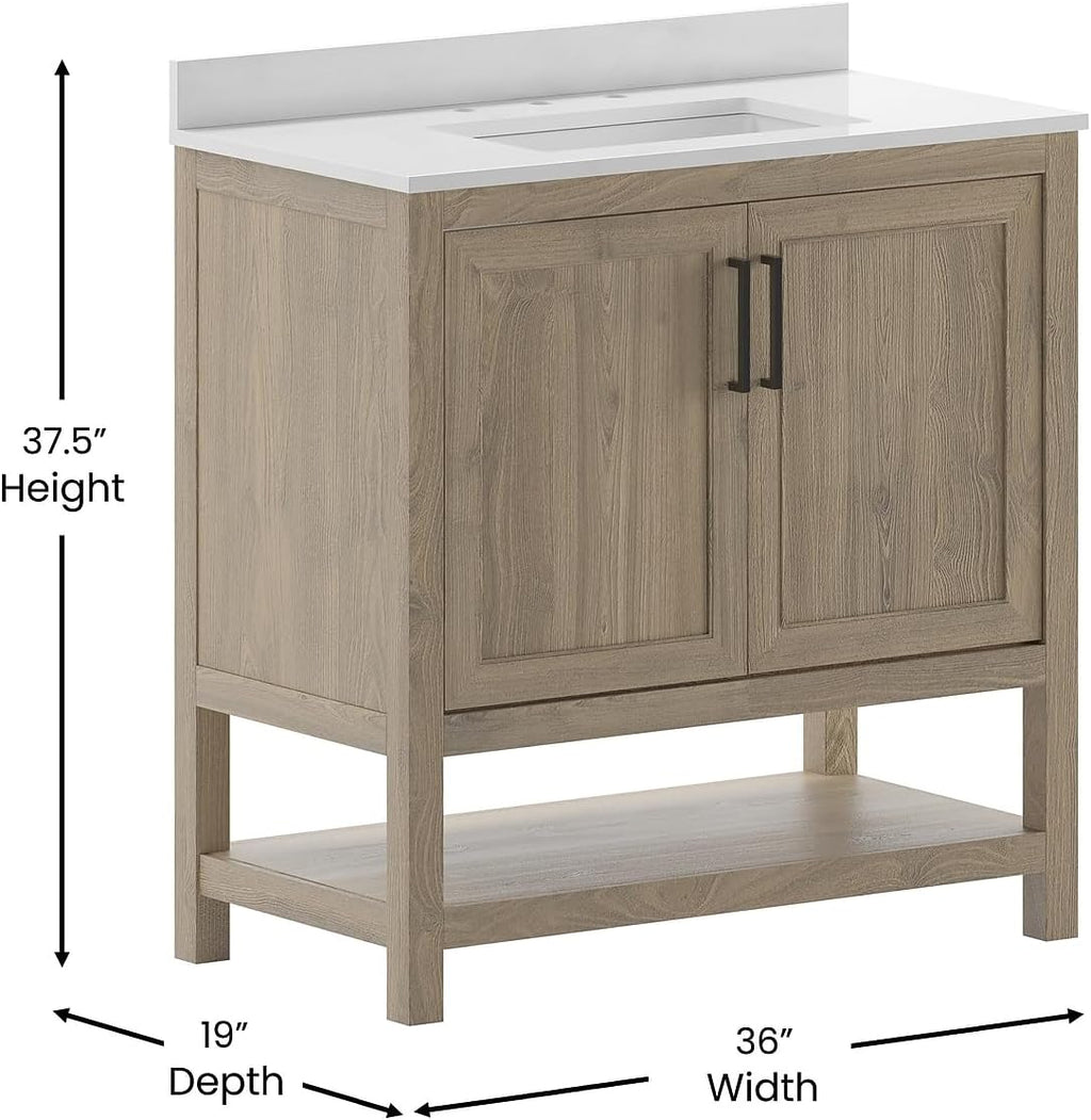 Flash Furniture Vega 36 Inch Bathroom Vanity with Sink Combo, Storage Cabinet with Soft Close Doors and Open Shelf, Carrara Marble Finish Countertop, Brown/White