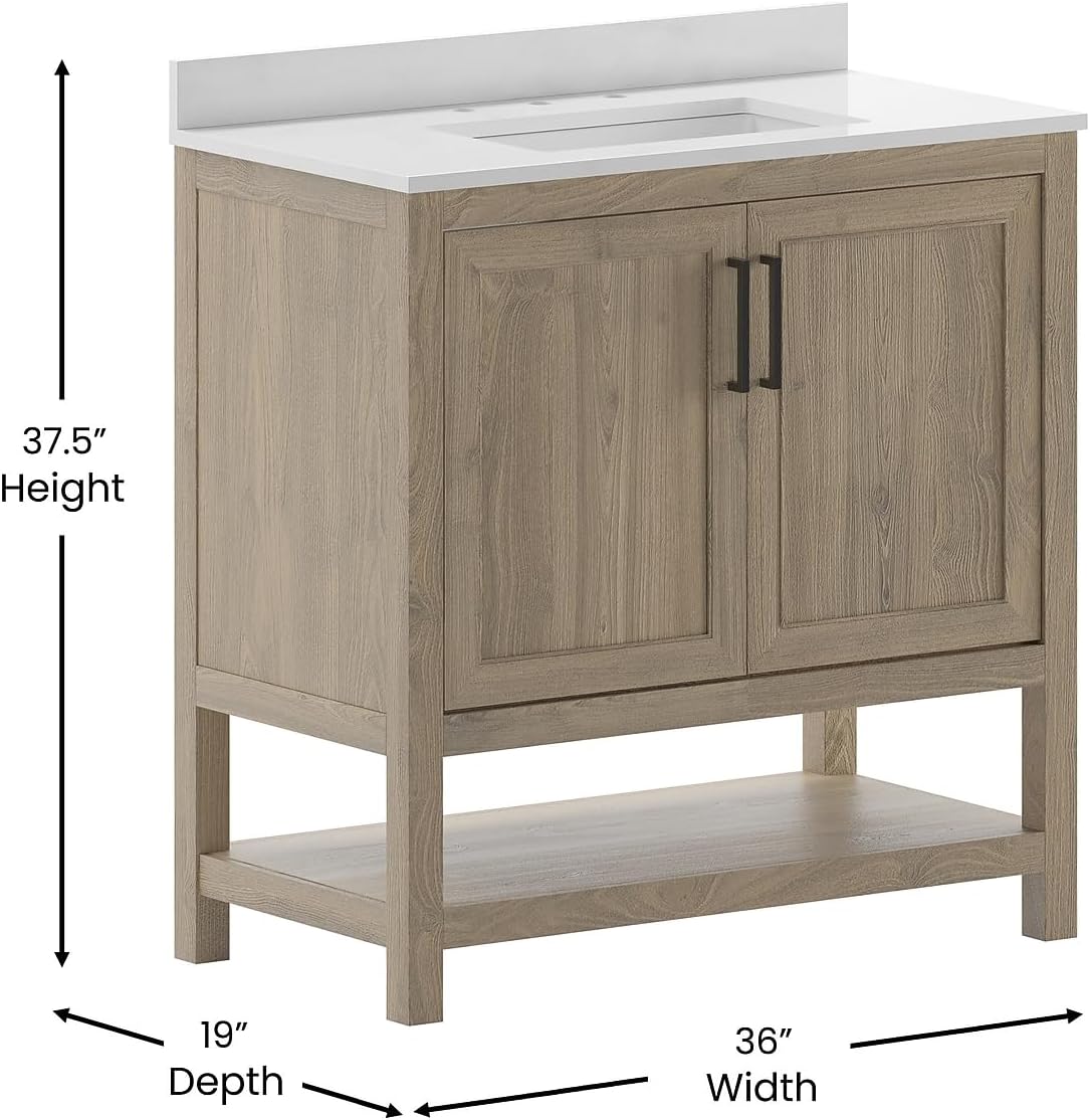 Flash Furniture Vega 36 Inch Bathroom Vanity with Sink Combo, Storage Cabinet with Soft Close Doors and Open Shelf, Carrara Marble Finish Countertop, Brown/White
