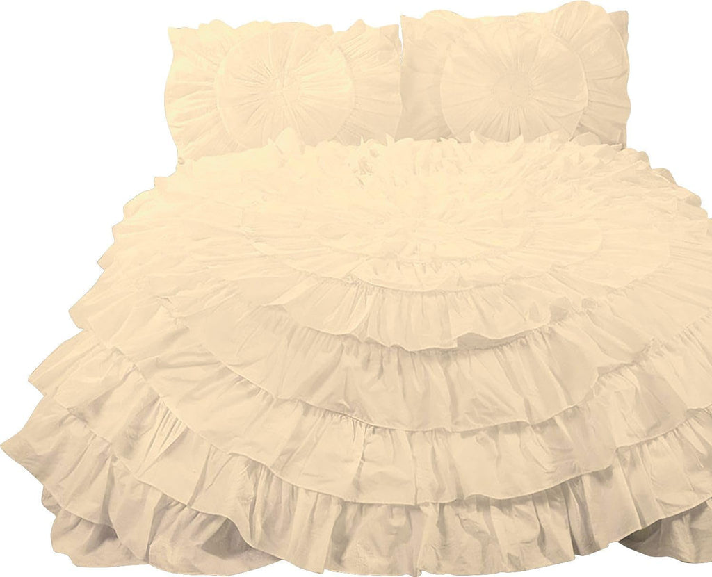 3 Piece 100% Egyptian Cotton Circle Ruffle Comforter Set, 550 GSM Filled Microfiber - Full/Queen Size, Ivory Color - 1000 Thread Count