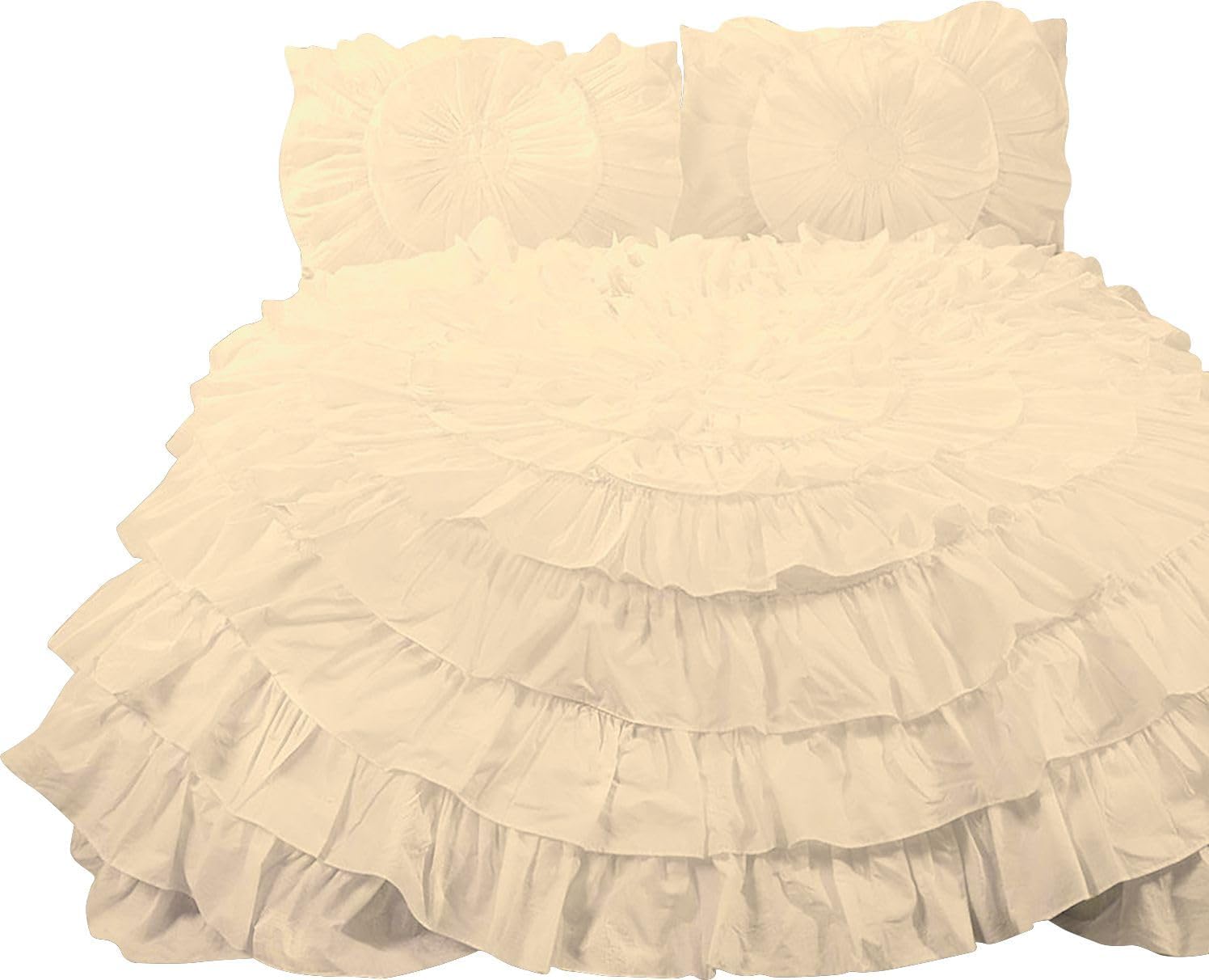 3 Piece 100% Egyptian Cotton Circle Ruffle Comforter Set, 550 GSM Filled Microfiber - Full/Queen Size, Ivory Color - 1000 Thread Count