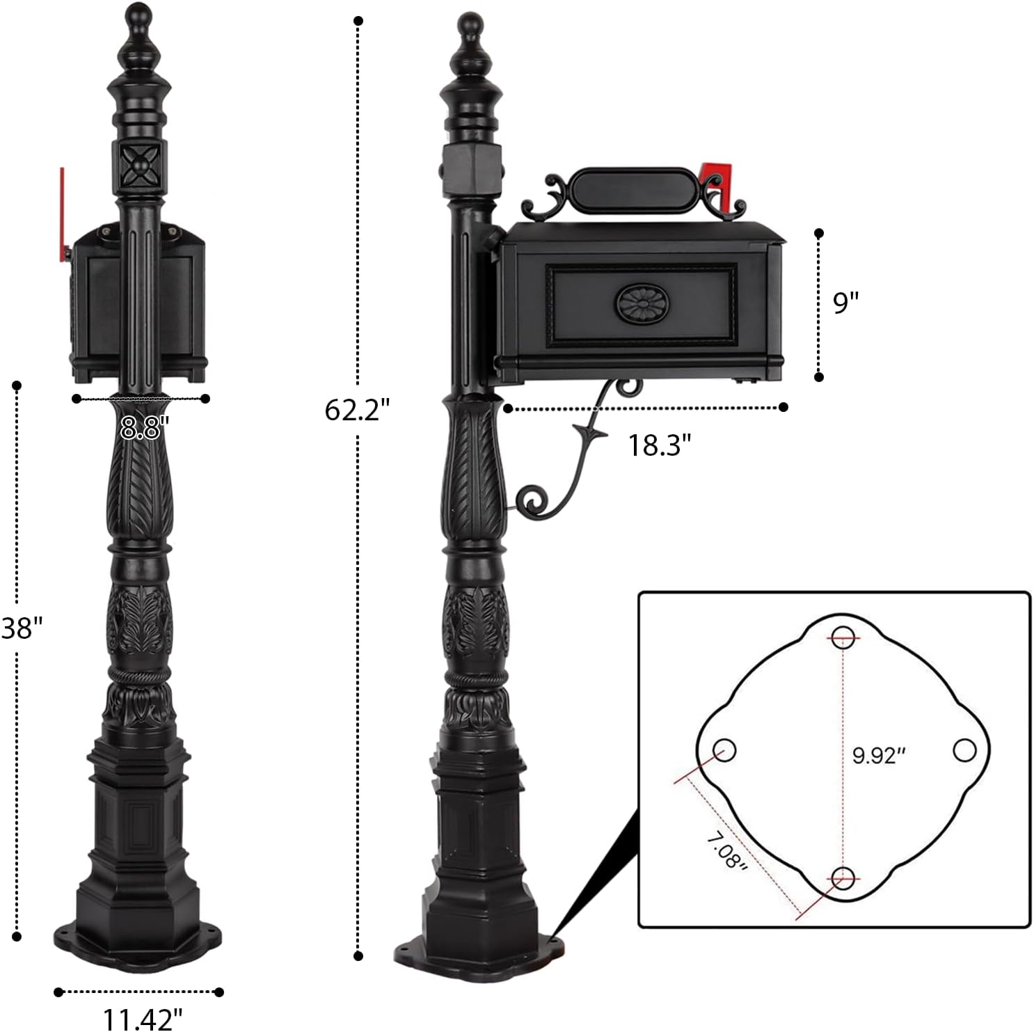 Heavy Duty Mailbox Classic Decorative Cast Aluminum Mail Box Postal Vertical Pedestal (Black)