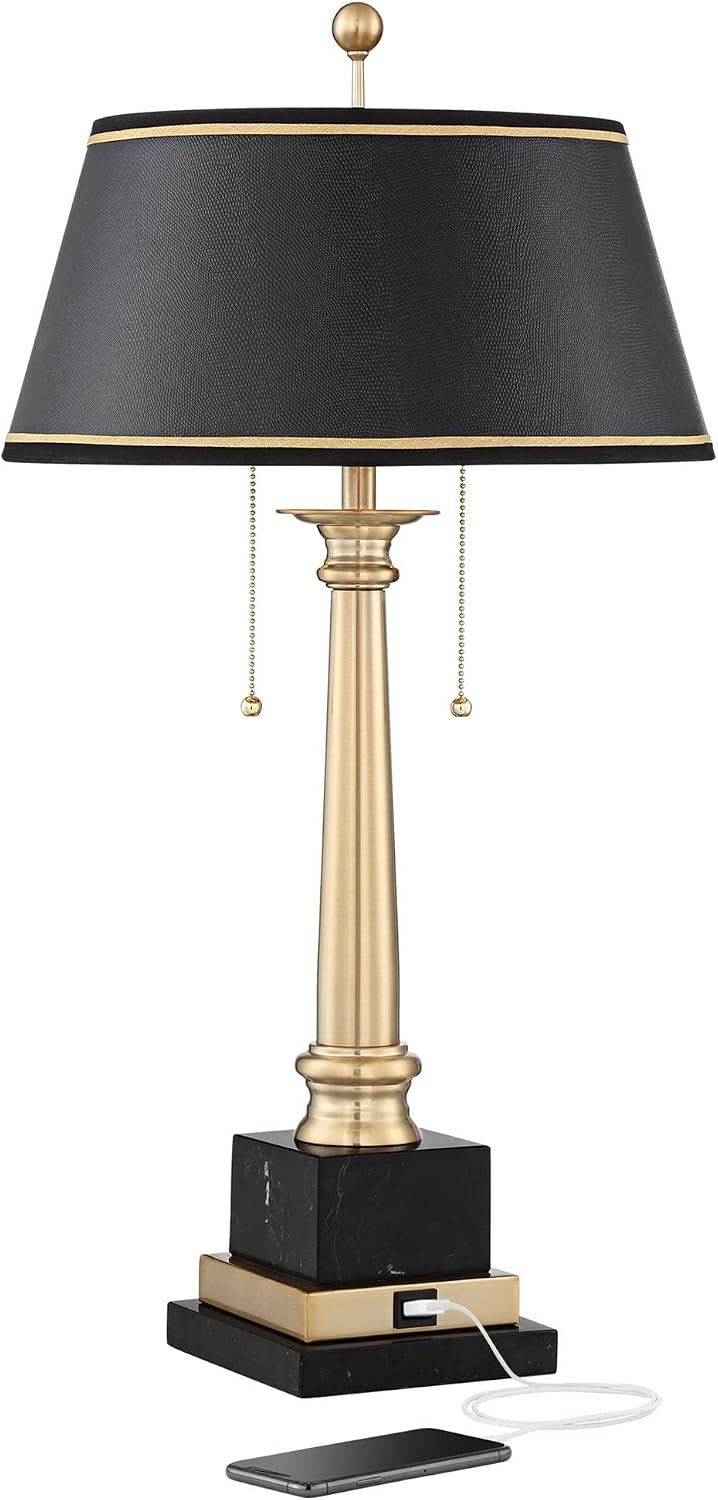Barnes and Ivy Georgetown 28 1/2' Tall Traditional Table Desk Lamp with USB Charging Ports A+C Warm Brass Steel Black Gold Trim Drum Shade for Living Room Bedroom Nightstand Bedside Office House