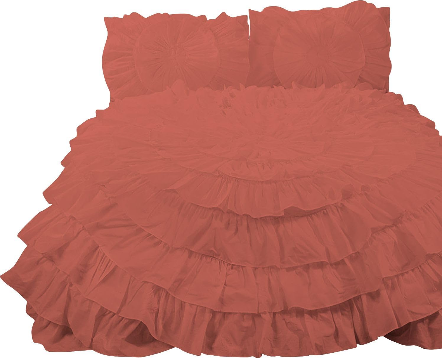 3 Piece 100% Egyptian Cotton Circle Ruffle Comforter Set, 550 GSM Filled Microfiber - Full/Queen Size, Brick Red Color - 1000 Thread Count