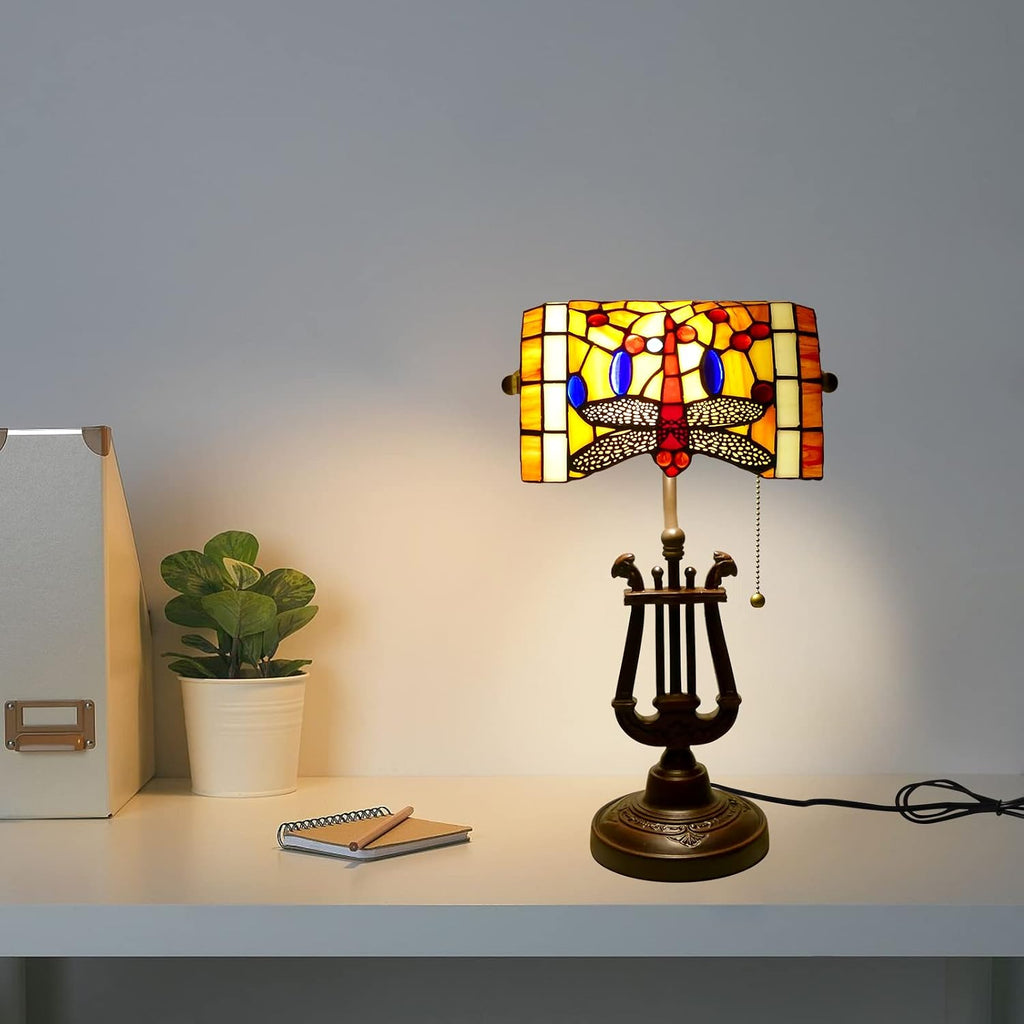Dragonfly Bankers Lamp Antique Desk Lamps Stained Glass Banker Table Lamp with Pull Chain, Vintage Desk Lamp for Home Office, with Color Changing LED Bulb