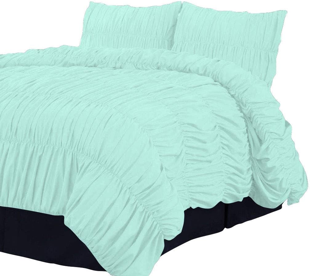 800 Thread Count 100% Egyptian Cotton 1 Piece Gathered Ruffle Duvet Cover with 2 Matching Pillowshams Zipper Closure Twin/Twin Extra Long Solid Aqua Blue