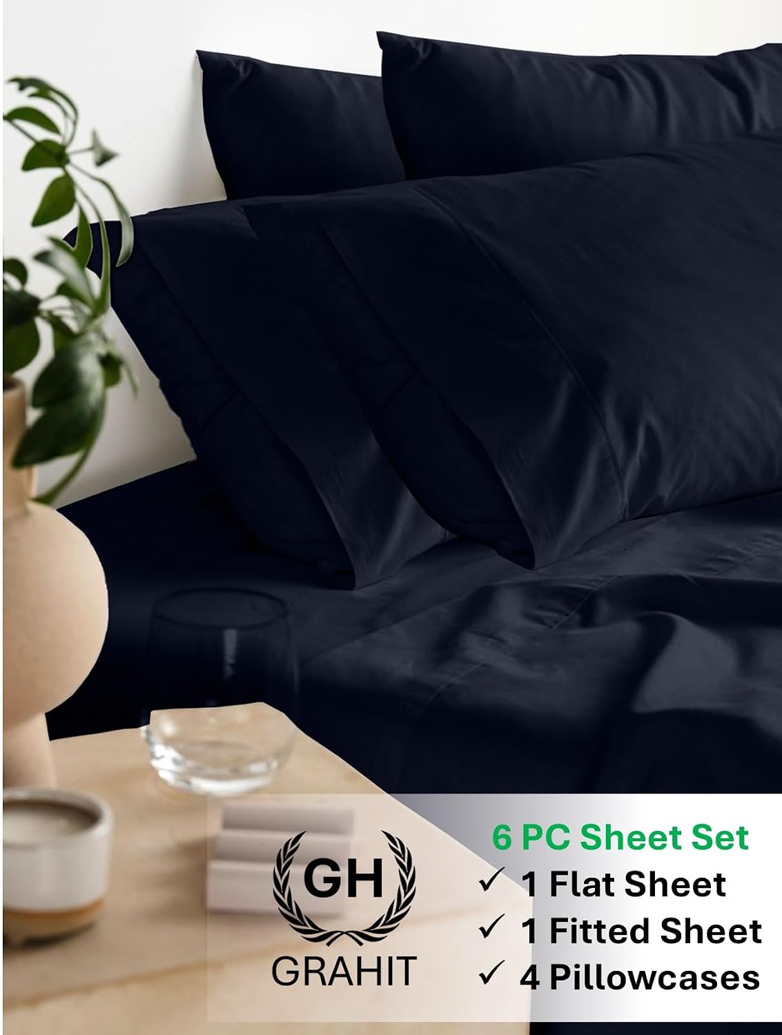 100% Egyptian Long Staple Cotton Bedsheet Set, 800 Thread Count, 6-PC Sheets Set, Navy Blue Color, Queen Size, 15 Inch Deep Pocket of Fitted Sheet, Soft Sateen Weave Breathable