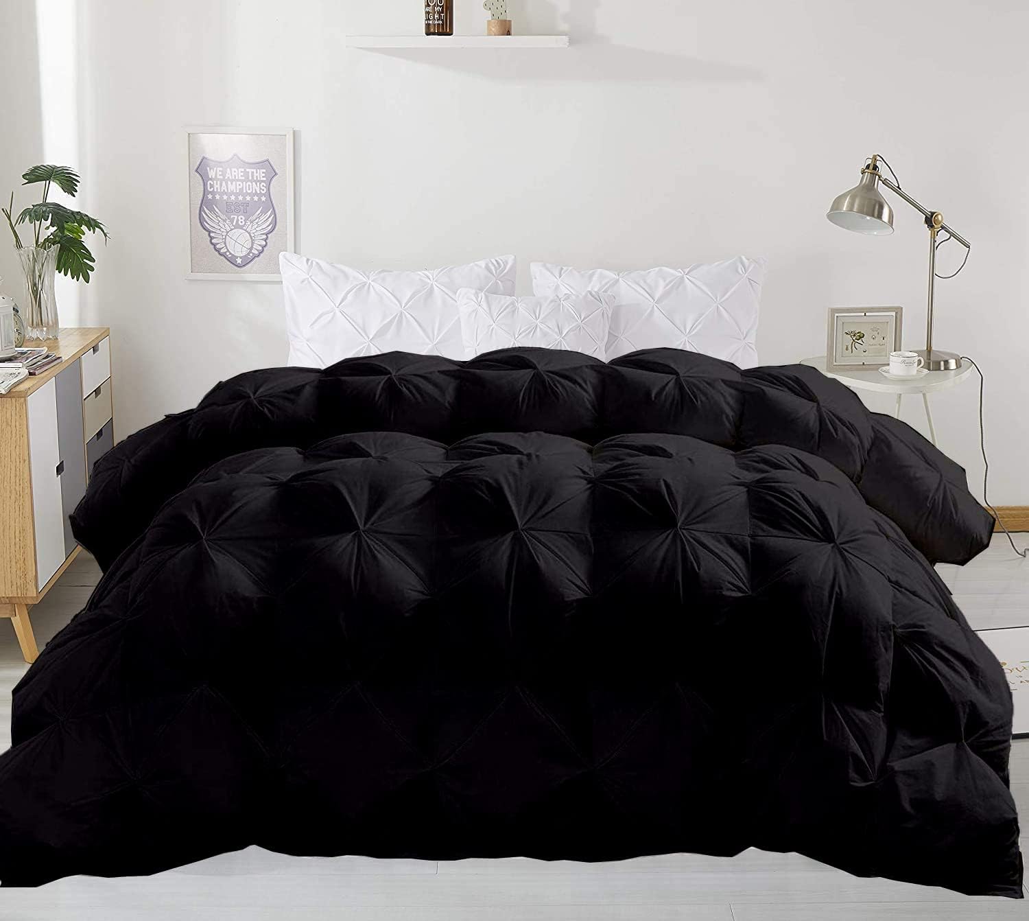 Aqua Solid Light Weight Pinch Pleated Down Comforter- Queen Size 88 x 92 Inches 1 Piece All-Season Duvet Insert, 500 GSM With Corner Tabs 100% Egyptian Cotton (Super King Plus (120x120), Black)