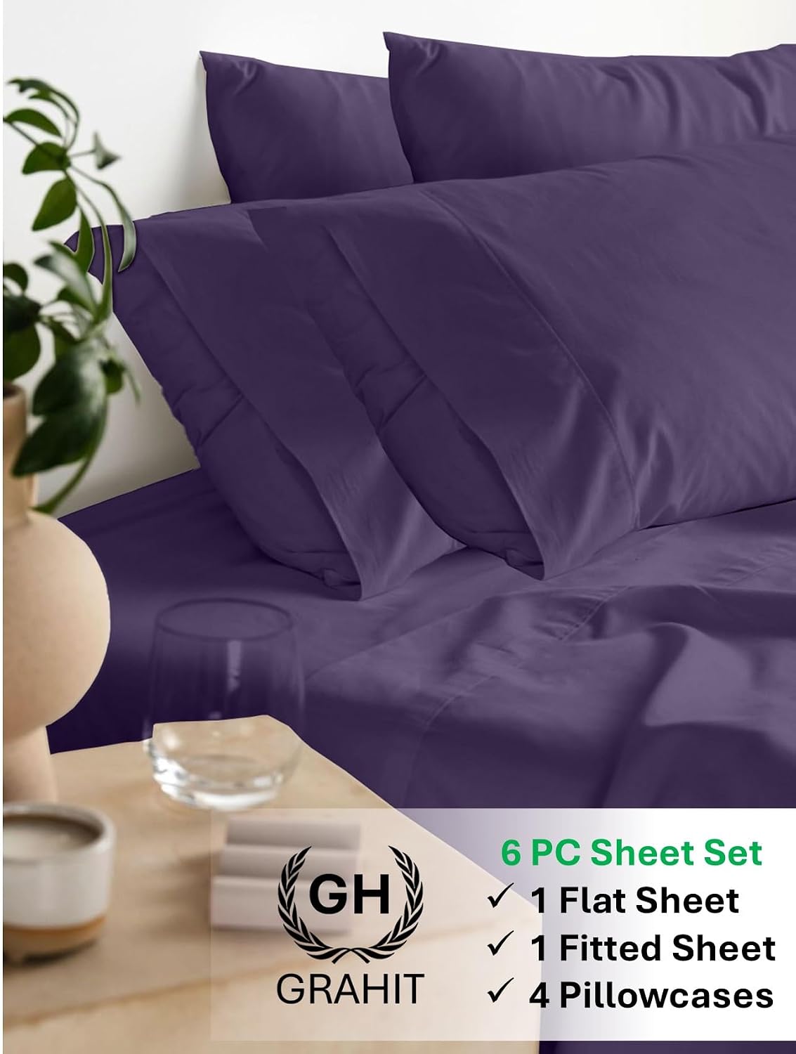 100% Egyptian Long Staple Cotton Bedsheet Set, 800 Thread Count, 6-PC Sheets Set, Plum Color, Queen Size, 15 Inch Deep Pocket of Fitted Sheet, Soft Sateen Weave Breathable