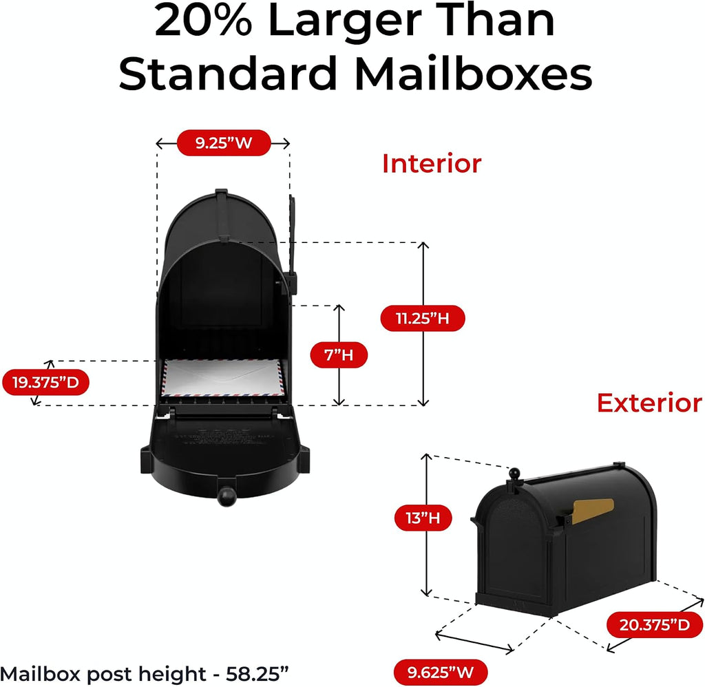 Whitehall Deluxe Mailbox with Post in Black Personalized Side Plaques Large Cast Aluminum Streetside Mailbox Decorative Scroll Post & Ball Finial
