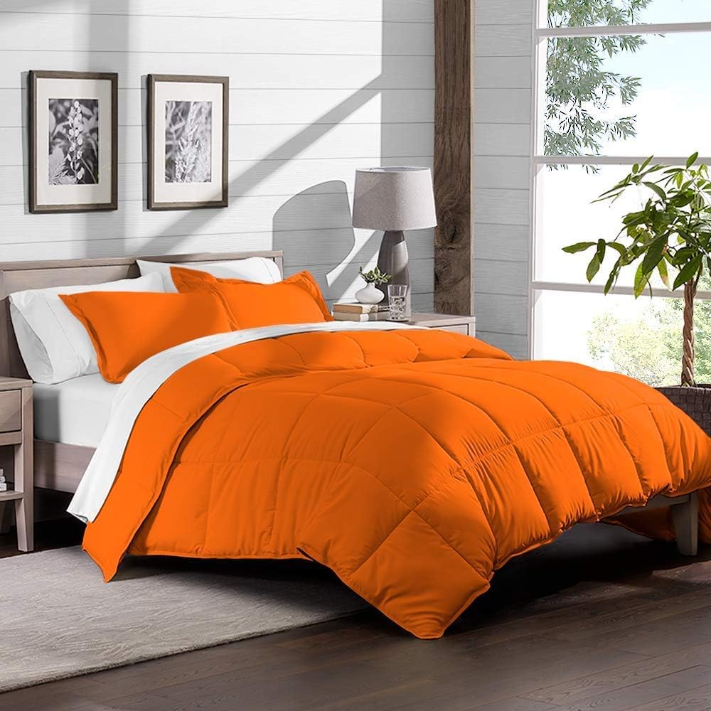 Soft 1000 TC Goose Down Alternative Egyptian Cotton Comforter Set (Comforter + 2 Pillow Cases) 400 GSM Over-Size Queen Orange 98'' x 98''