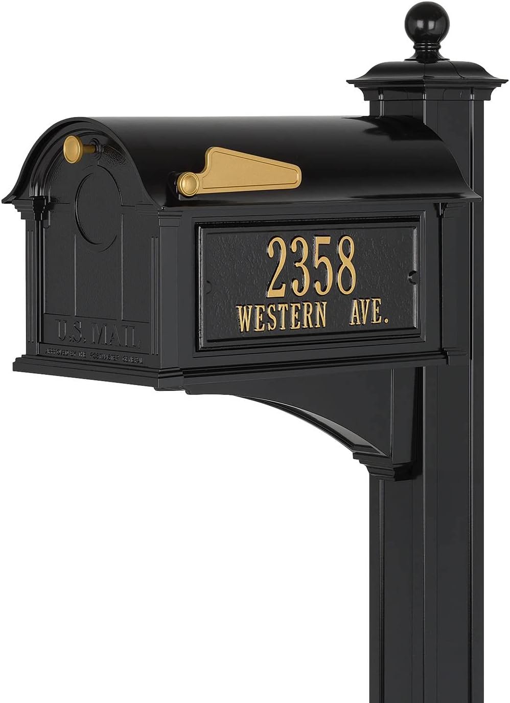 Whitehall Custom Extra Large Mailbox - Balmoral Model with Address Plaques and Side Mount Post Package, Sand Cast Aluminum, Black Personalized in Goldtone