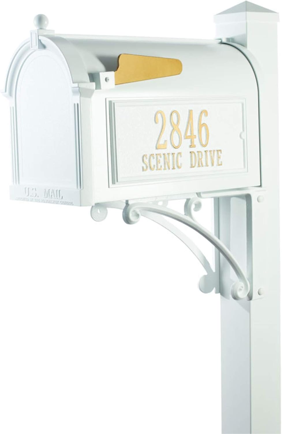 Whitehall Superior Mailbox with Side Address Plaques, Personalized Large Mailbox with Post and Address Plaque for Outside, Package Mailbox with Post White
