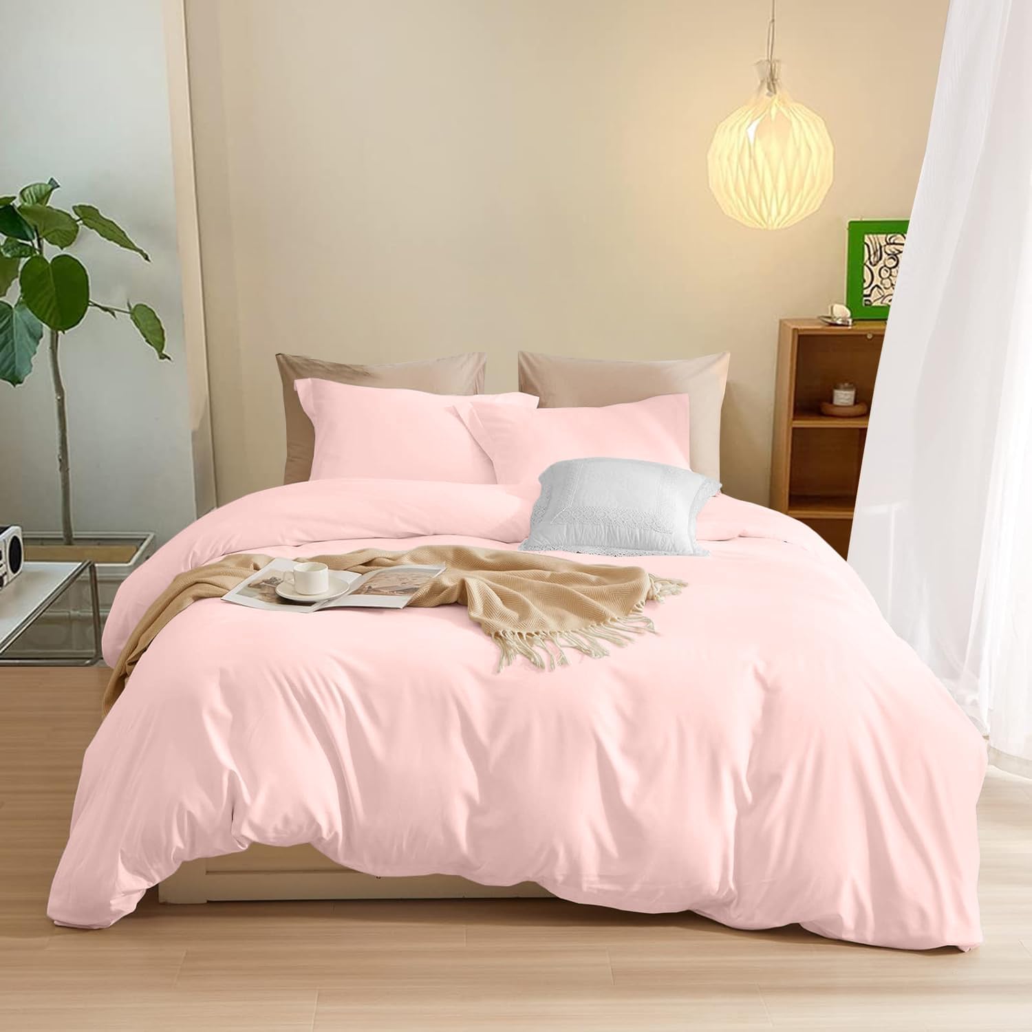 800TC 3 Sided Zipper Duvet Cover Set Soft Egyptian Cotton 3 Sided Zipper Closure, 3 PCS 1-Duvet Cover & 2- Pillow Shams - Oversize Queen Size (98' x 98') Inches, (Solid Baby Pink)