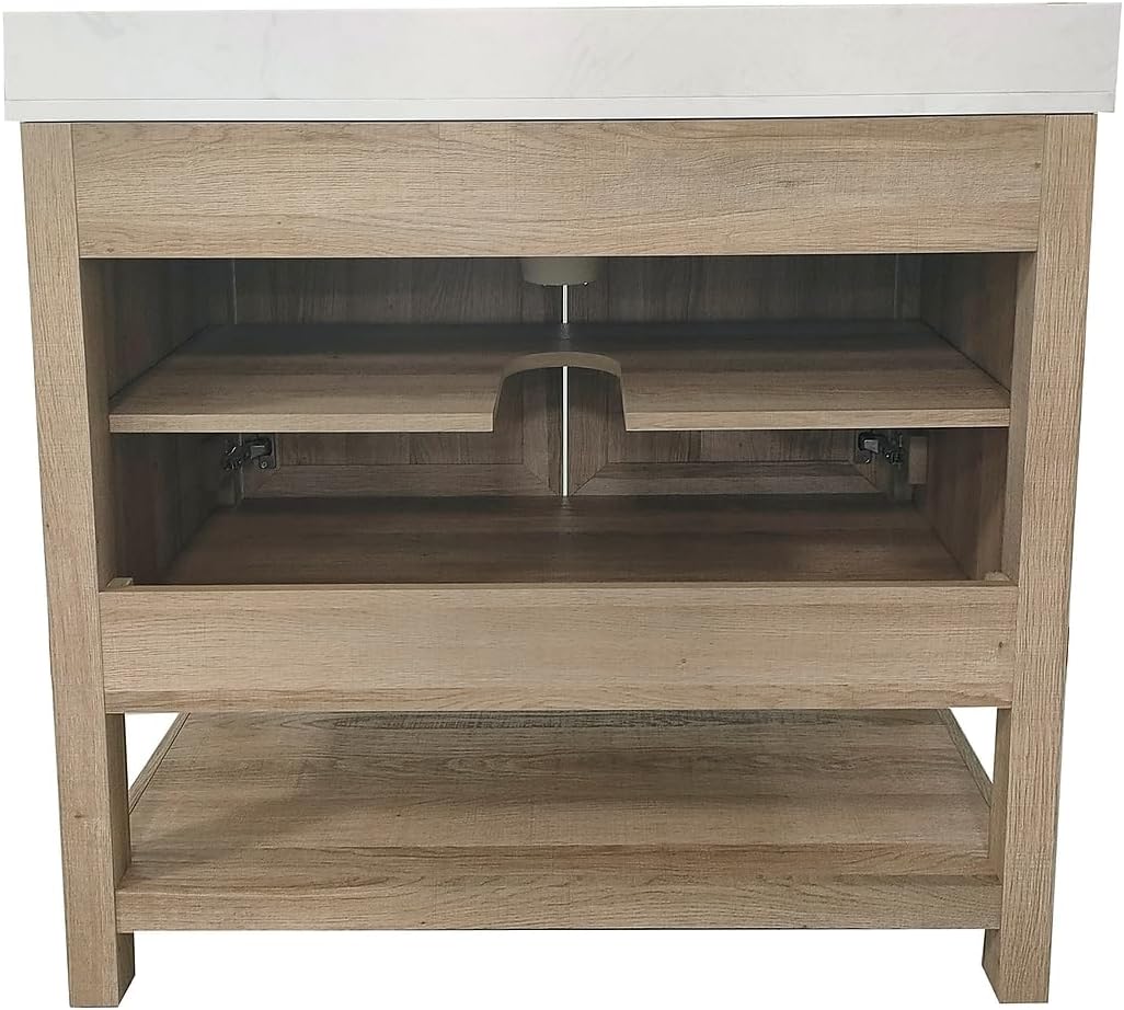 Flash Furniture Vega 36 Inch Bathroom Vanity with Sink Combo, Storage Cabinet with Soft Close Doors and Open Shelf, Carrara Marble Finish Countertop, Brown/White
