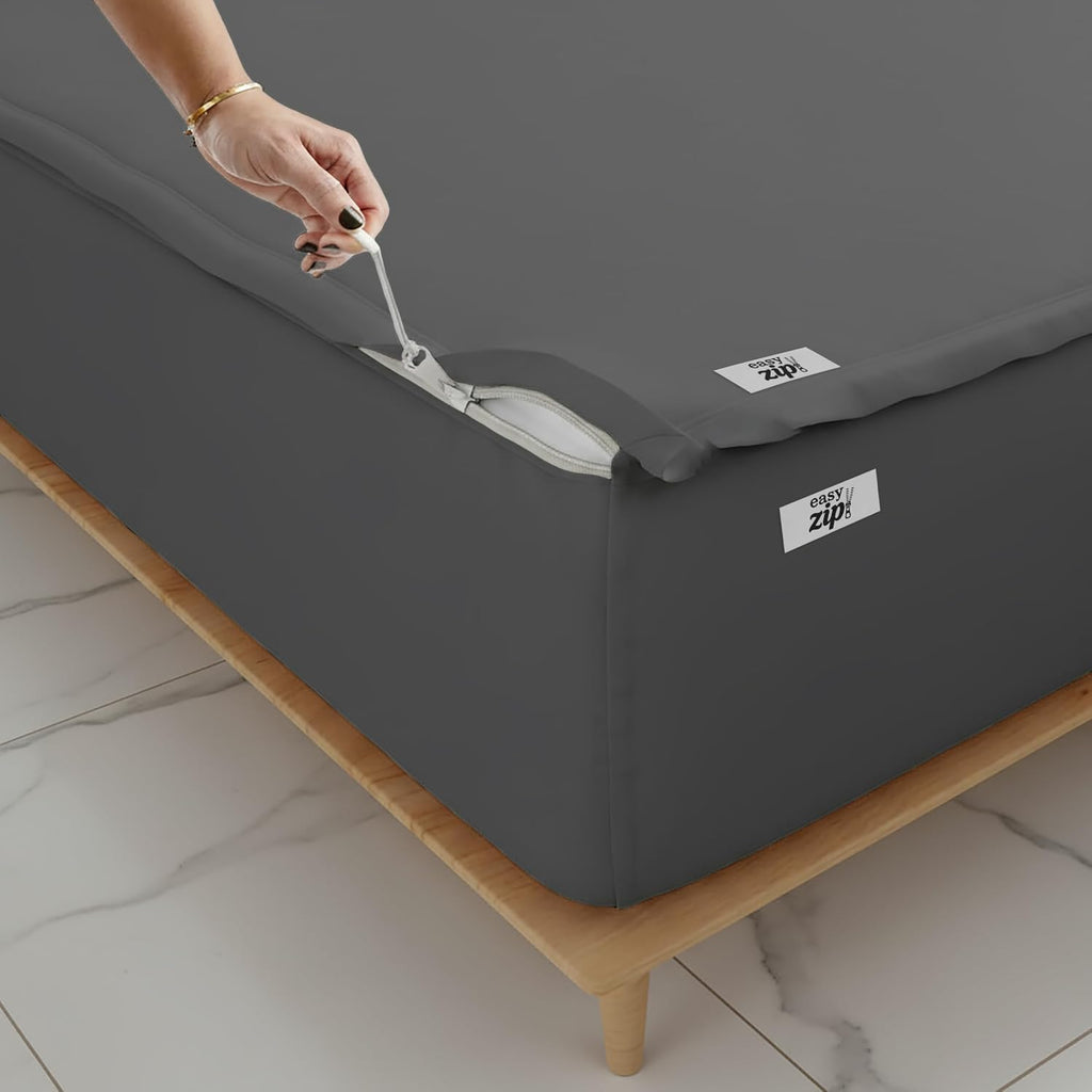 COTTON STICH 600 TC Zipper Fitted Sheet, 100% Egyptian Cotton, 18' Deep Pocket, Easy Zip Change, All-Around Secure Fit - Queen Size Bed - Dark Grey