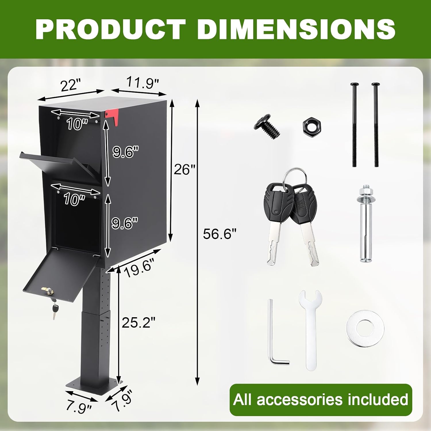 Large Mailbox Cold Rolled Steel Post Mailbox with Anti-Theft Lock, Key, Mounting Base and Mounting Post, Black, 9.6' H x 10' W x 19.6' D, Weatherproof Mailboxes for Outside the House