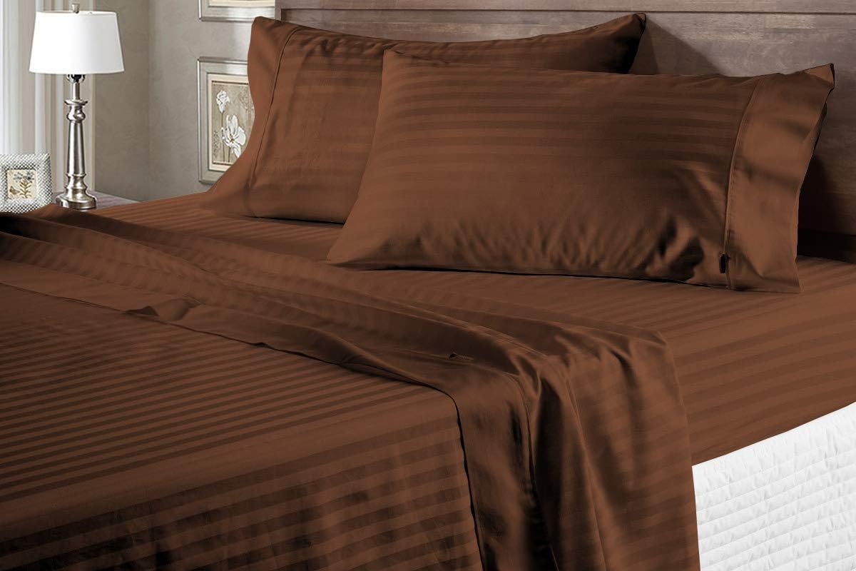 AMAY Luxury Soft 100% Egyptian Cotton 6pc Sheet Set Sateen Weave 800 TC Queen Size for Bed, Fits Mattress Upto 16-18'' Deep Pocket, Brown Stripe