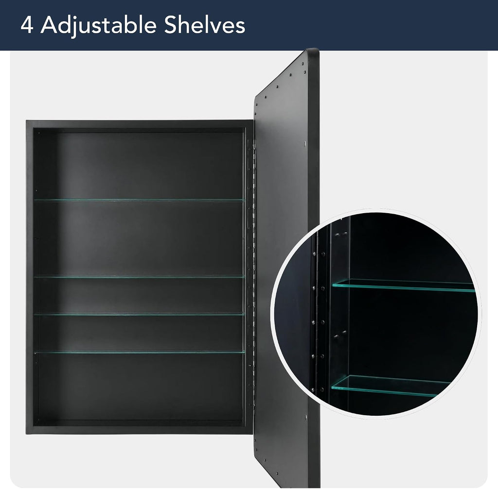 Head West Black Metal Medicine Cabinet Beveled Mirror, Bathroom Wall Mount Storage Organizer with Glass Shelves - 21' x 34'