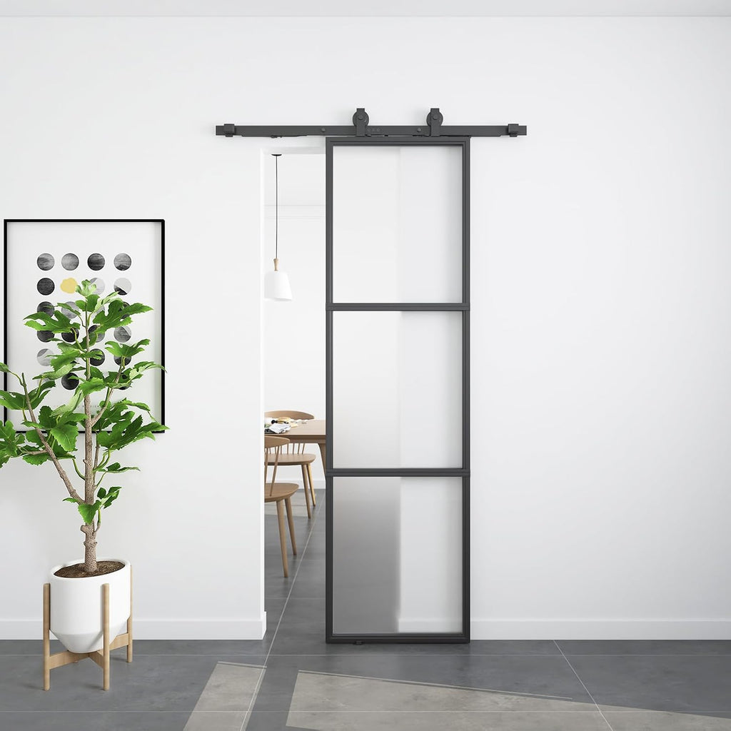 BARNSMITH 24in x 84in Frosted Glass Barn Door with 4.3FT Top Mounted Hardware kit Include Soft Close Mechanism Black Carbon Steel Tempered Frosted Glass Sliding Door, Easy Assembly