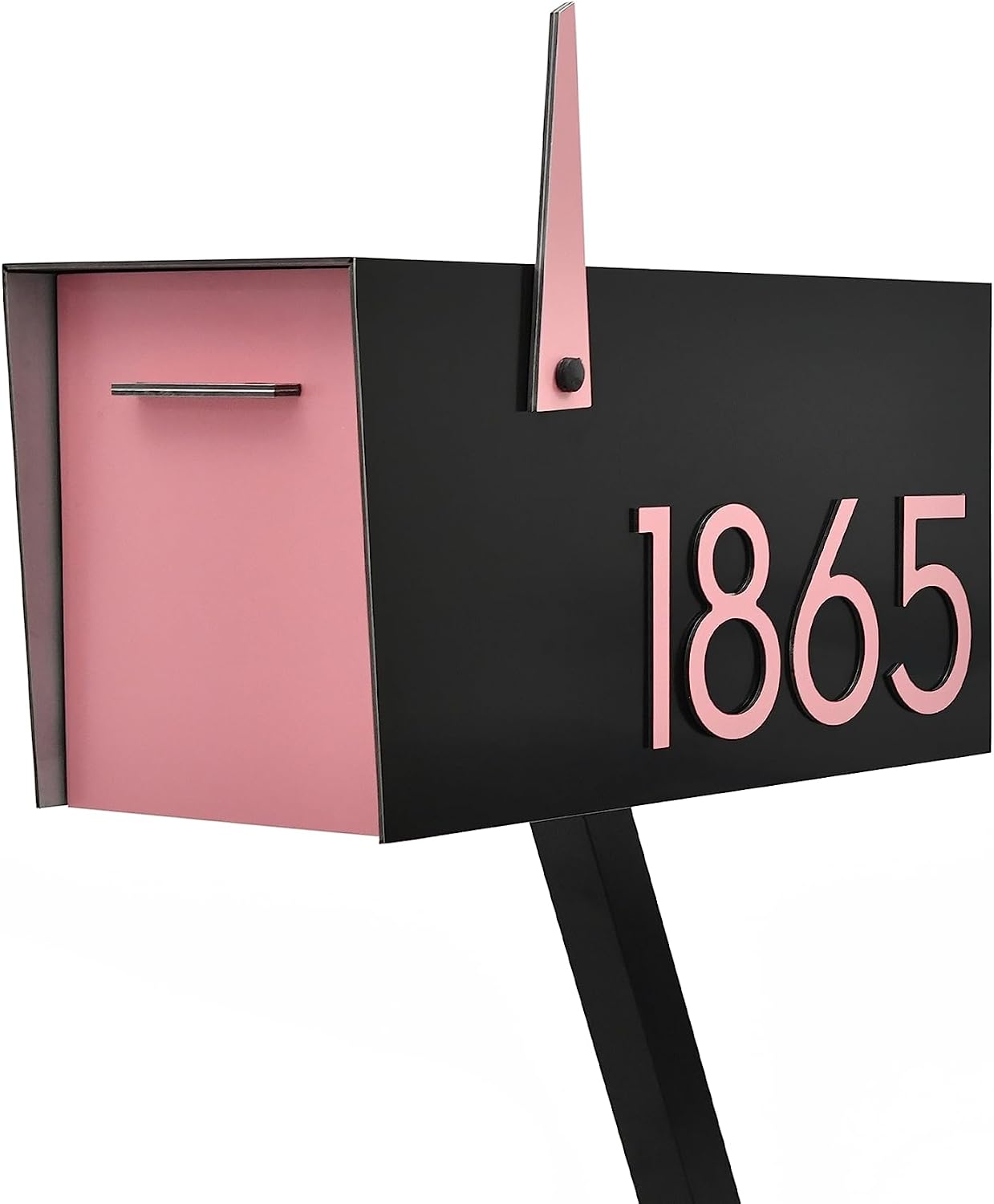 Contemporary Post-Mount Mailbox - Aluminum Black Body with Aluminum Door, Numbers and Flag - Large Customized Mailbox - Type 4 (Pink)