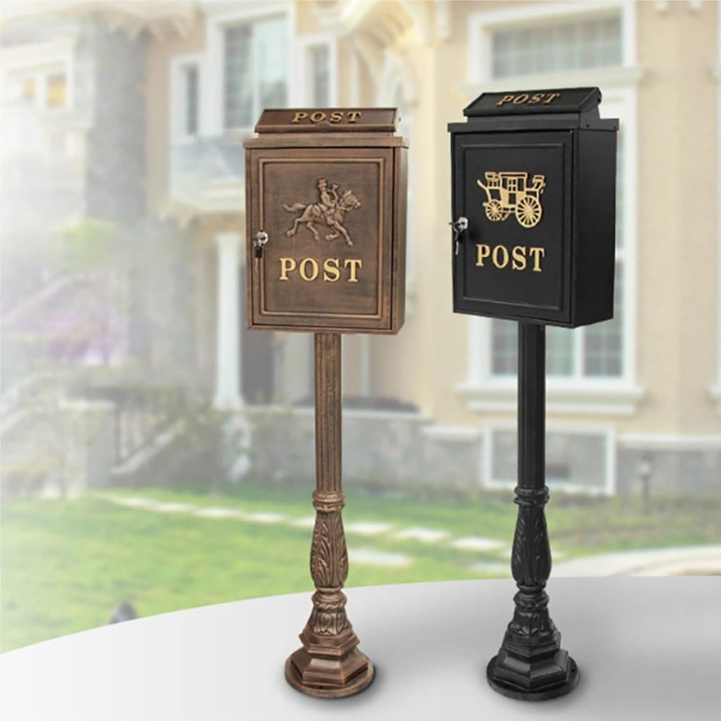 Floor Mailbox Metal Mailboxes for Outside Post-Mount Drop Box Garden Retro Vertical Post Box Large Locking Suggestion Box(Black)