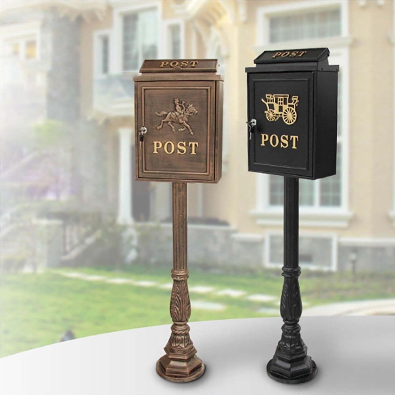 Floor Mailbox Metal Mailboxes for Outside Post-Mount Drop Box Garden Retro Vertical Post Box Large Locking Suggestion Box(Brass)