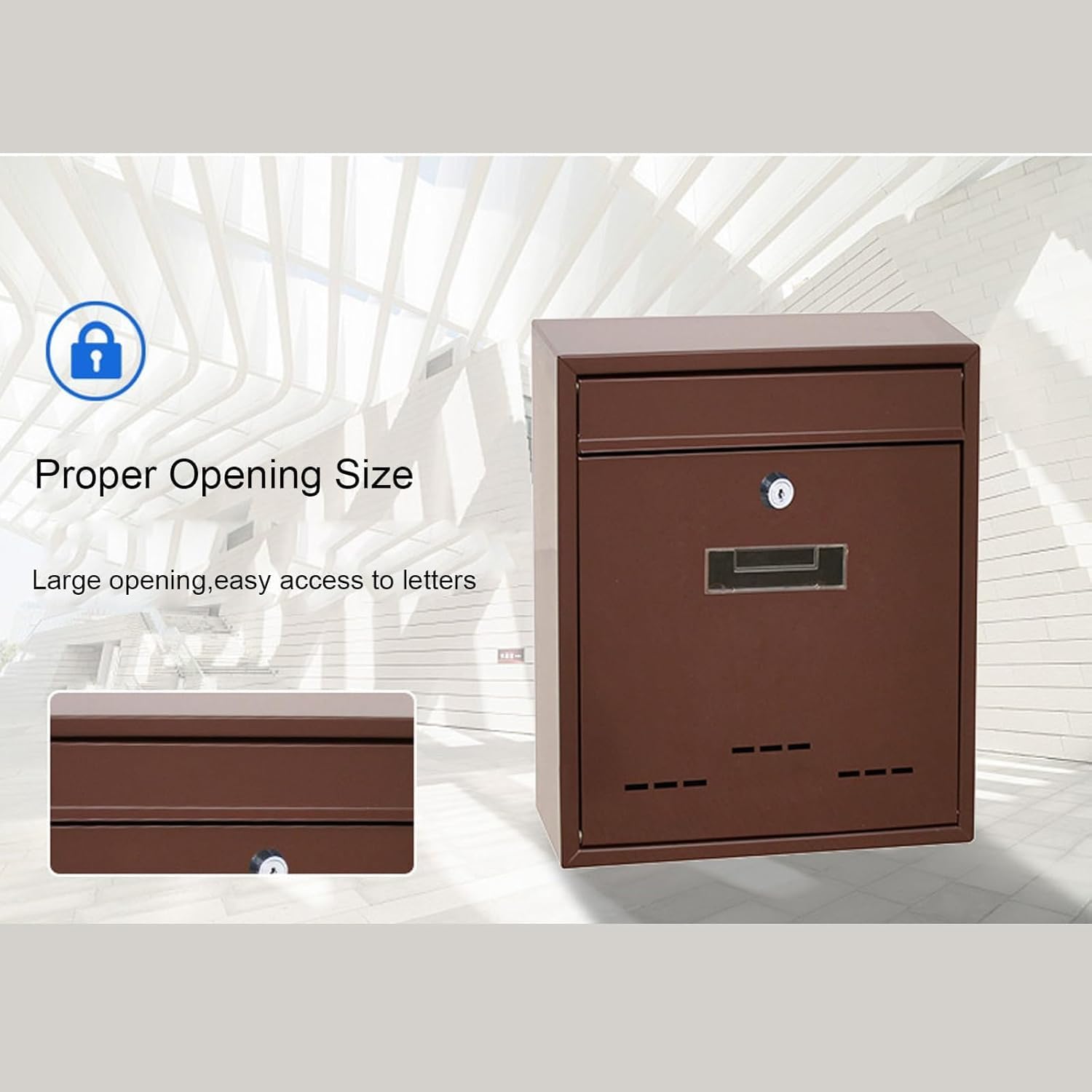 Mailboxes for Outside,Wall Mount Mailbox，Large Capacity Drop Box, Rust-Proof Metal Mailboxes，Easy to Install Lockable Weatherproof Letter Post Mail (Brown)