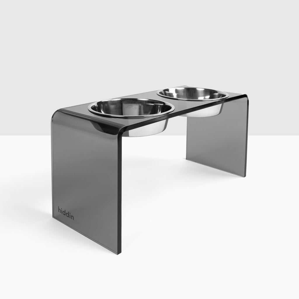 Hiddin Double Elevated Dog Bowl Stand for Medium or Large Dogs, All Breeds, Smoke Grey Acrylic 12 Inch Raised Dog Bowl Stand with Two Stainless Steel Bowls for Food and Water - 6.5 Cups Each Dish