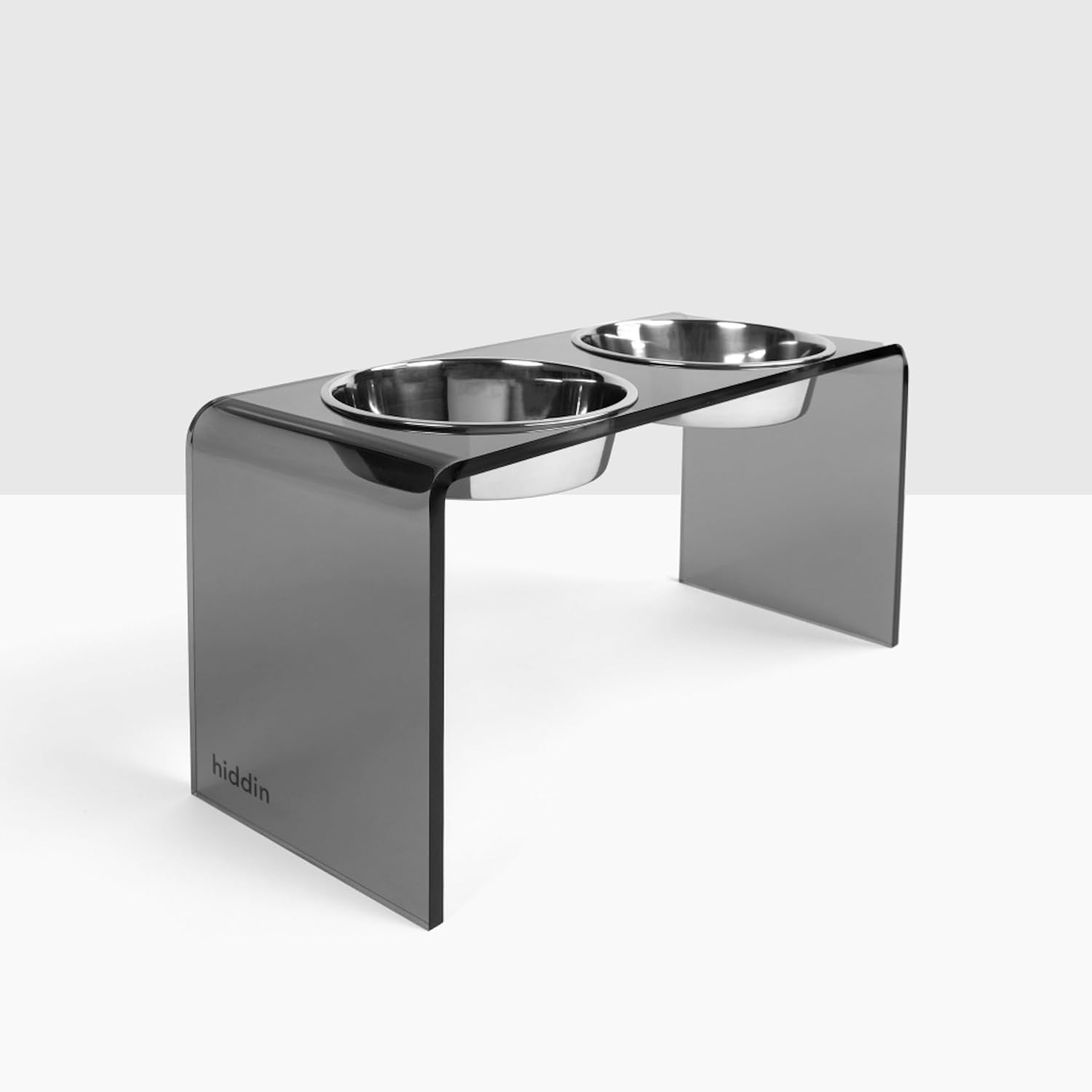 Hiddin Double Elevated Dog Bowl Stand for Medium or Large Dogs, All Breeds, Smoke Grey Acrylic 12 Inch Raised Dog Bowl Stand with Two Stainless Steel Bowls for Food and Water - 6.5 Cups Each Dish