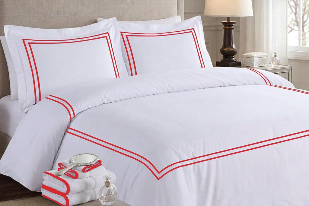 BedDecor Luxury 400-TC Egyptian Cotton 5PC Embroidered Duvet Cover Set with Beautiful 2-Stripe Embroidery(Blood Red, Full/Queen)