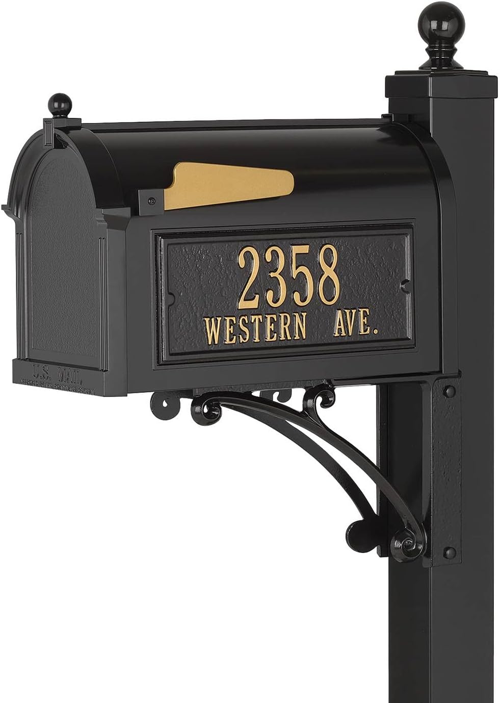 Whitehall Custom Extra Large Mailbox - Capitol Model with Address Plaque and Side Mount Post Package, Sand Cast Aluminum, Black Personalized in Goldtone