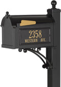 Whitehall Custom Extra Large Mailbox - Capitol Model with Address Plaque and Side Mount Post Package, Sand Cast Aluminum, Black Personalized in Goldtone