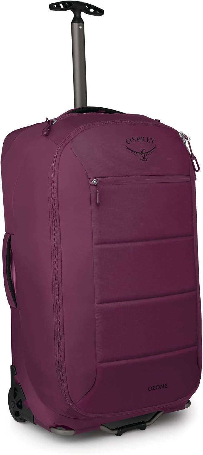 Osprey Ozone 2-Wheel 80L/27 Checked Luggage - Lightweight Rolling Bag with High Clearance Wheels - Travel Suitcase with Mesh Organization, Trolley Handle and Add-a-Bag Strap, Moody Burgundy