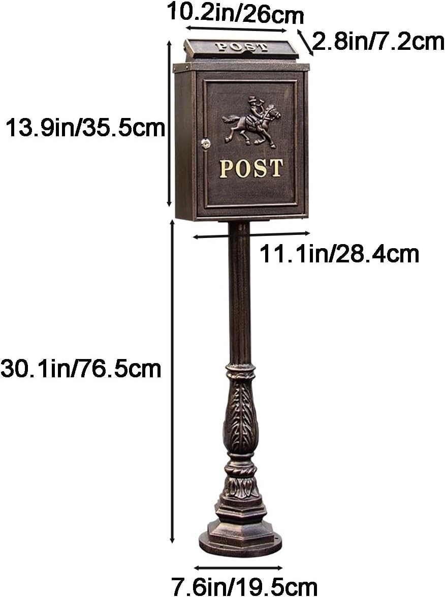 Mailboxes for Outside, Cast Aluminum Mailbox with Post, Heavy Duty Metal Mailbox with 2 Keys, for Home, Garden, Office(Brass)