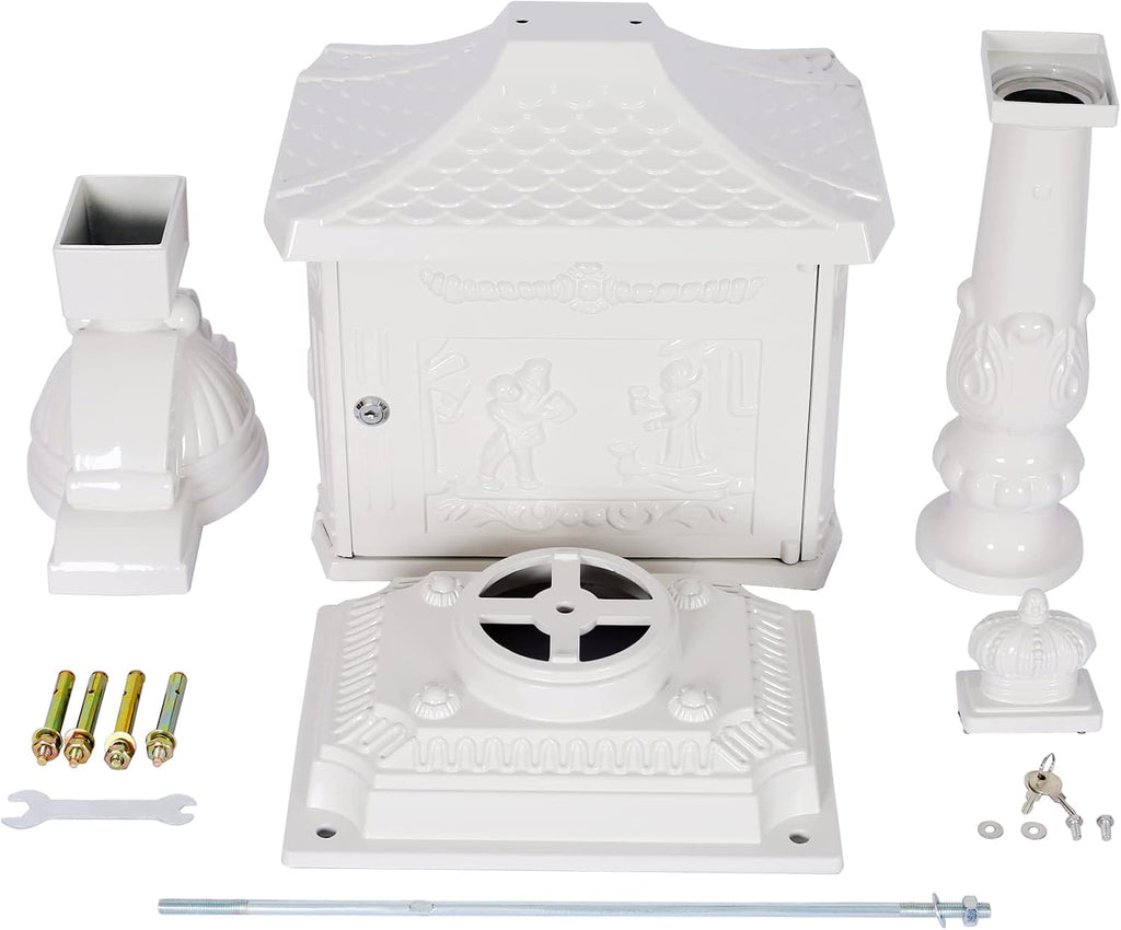 Montary Cast Aluminum Mailbox with Post, Heavy Duty Locking Security Mail Box for House Outside, Vintage Rust-Proof Large Postal Box with Keys & Baffle Door Postal Mailbox (White)