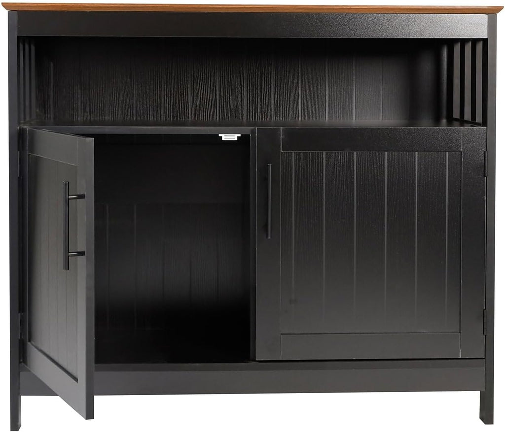 Flash Furniture Mayfield Buffet and Sideboard Cabinet, Double Door Storage Cabinet, Open Upper Storage Shelf, Waterproof Surface, 40' Wide, Black/Walnut