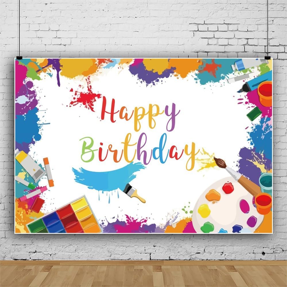 Art Paint Happy Birthday Backdrop Watercolor Happy Birthday Banner Painting Art Birthday Photo Background for Indoor Outdoor Birthday Party Decor Supply Photography Props 20x10ft (600x300cm)