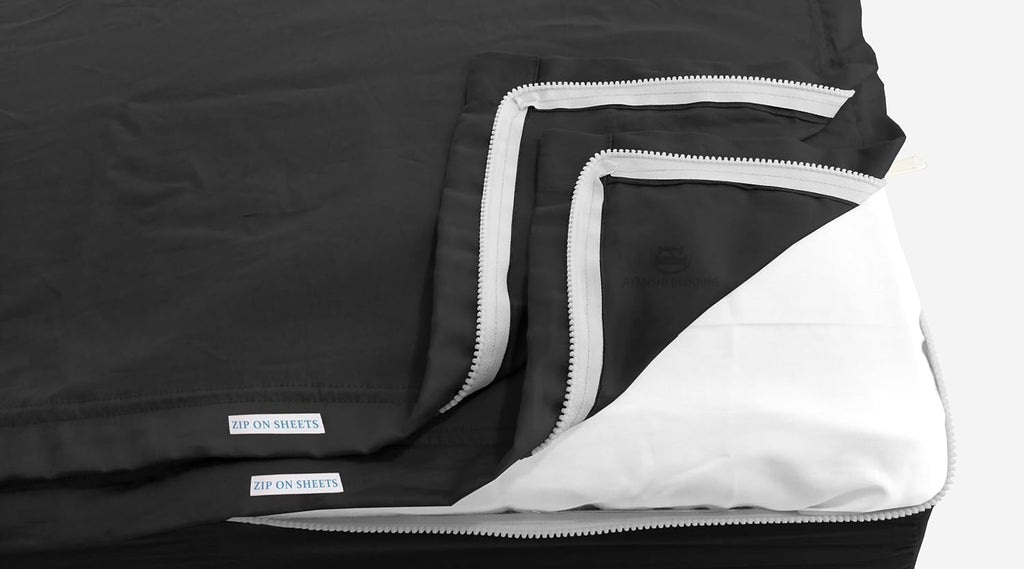 Cotton Zip On Fitted Sheet Queen - 2 Zip On Sheets & 1 Fitted Sheet Base - Upto 16' Inch Deep Pocket Queen Size Zipper Fitted Sheets - Soft & Luxury 600 TC 100% Cotton Zip Sheets - Black