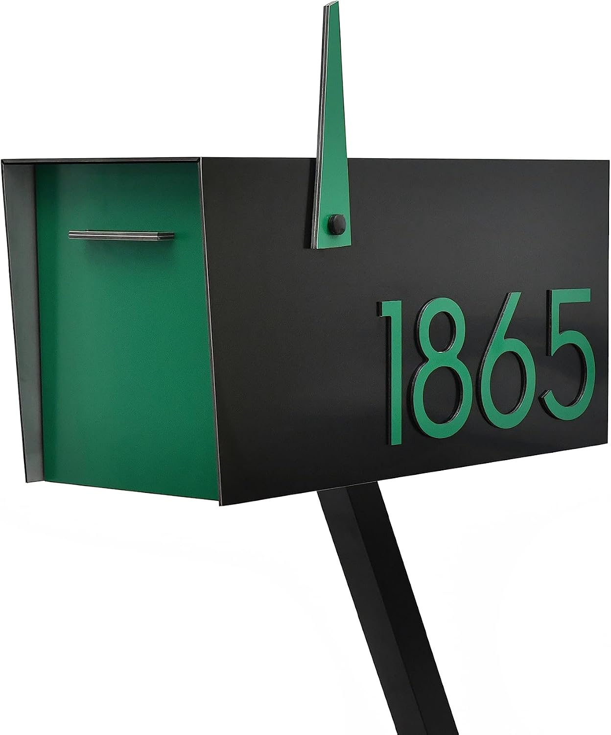 Contemporary Post-Mount Mailbox - Aluminum Black Body with Aluminum Door, Numbers and Flag - Large Customized Mailbox - Type 4 (Green)