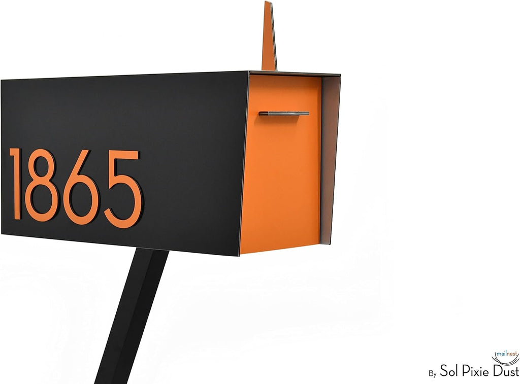 Contemporary Post-Mount Mailbox - Aluminum Black Body with Aluminum Door, Numbers and Flag - Large Customized Mailbox - Type 4 (Orange)